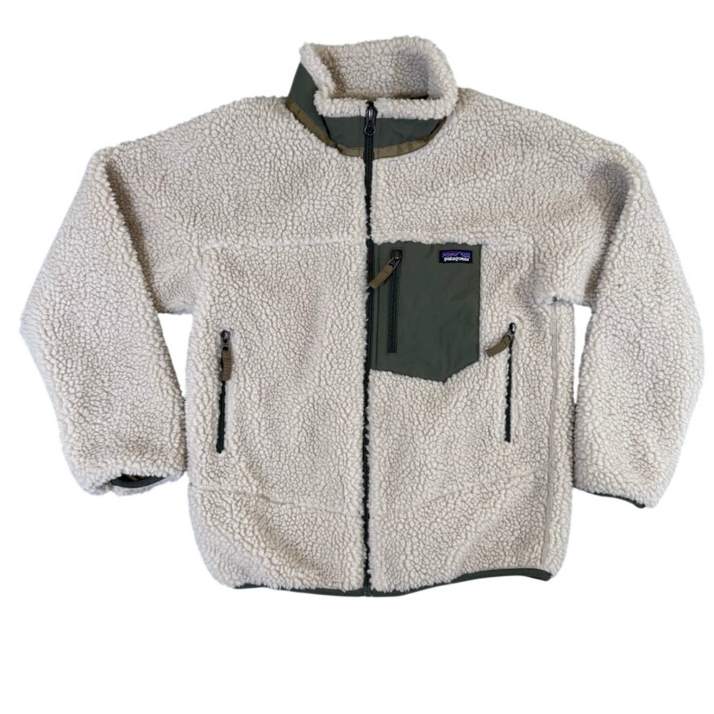 Patagonia Classic Retro-X Fleece Jacket Cream Olive Green Full Zip Kids Large